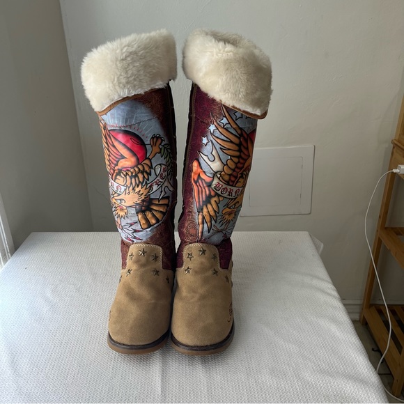 Ed Hardy Y2K Fur Star Studded Graphic Boots - Picture 2 of 7